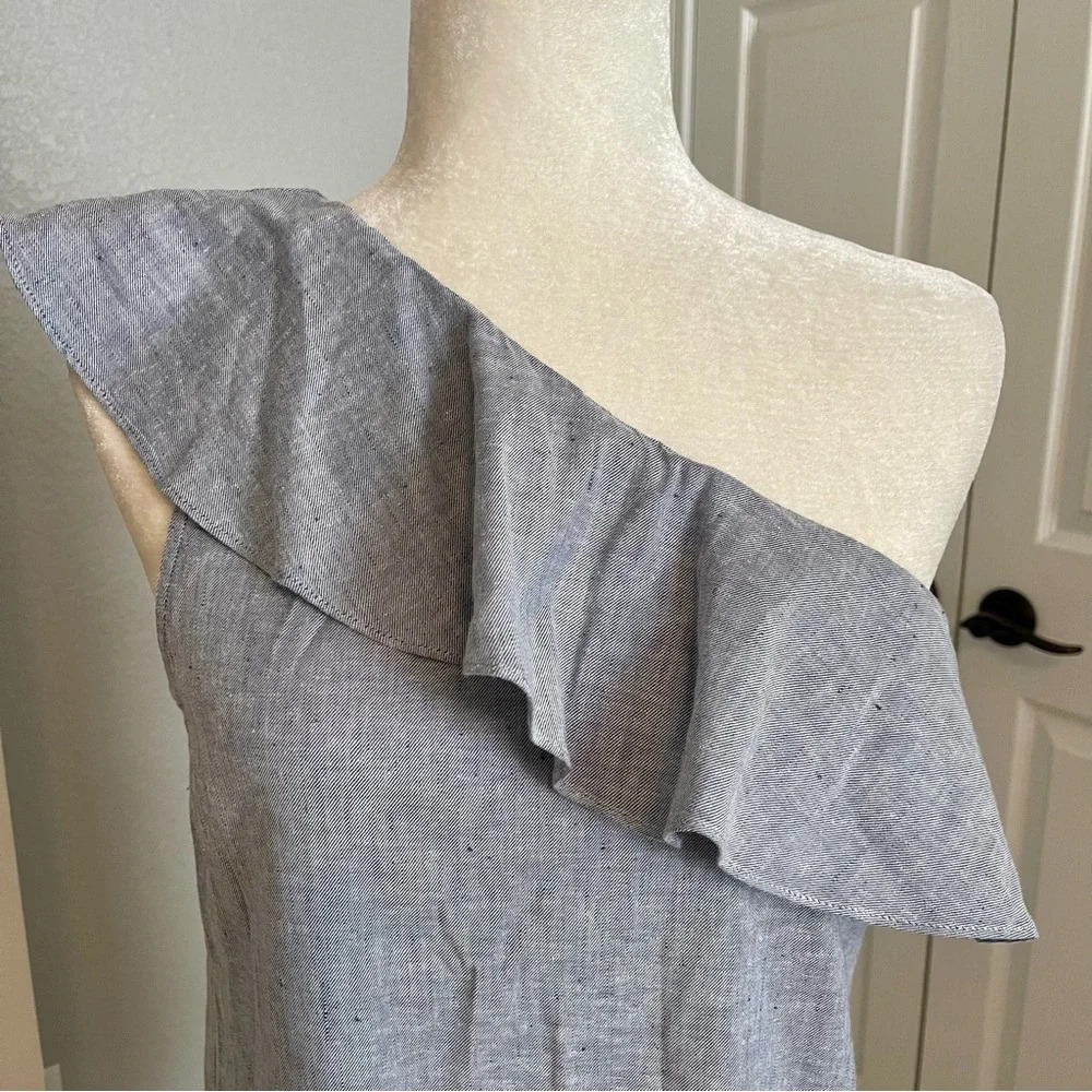 Theory Alexanda One Shoulder Ruffle Dress Light Denim Chambray Sz 8 - Picture 6 of 8